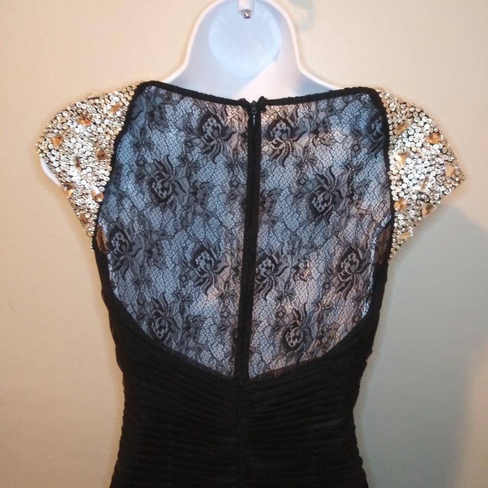Jovani Sexy Black Rhinestone & Bead Studded Cap Sleeved Cocktail Dress - Picture 9 of 16